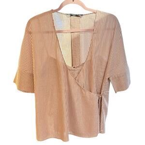 Zara Trafaluc Collection Sz L Short Sleeves Wrap Striped Shirt w/ Cami Wht & Red